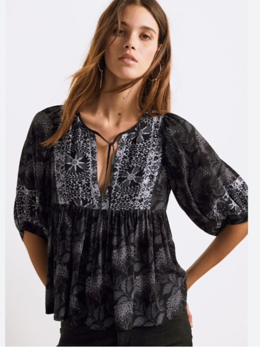 ba&sh Garry Navy and White Floral V-Neck Peasant Blouse Carbon